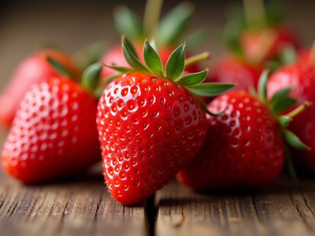 A close-up shot of fresh, vibrant strawberries with a dewy sheen, arranged on a rustic wooden surface. The focus is on the bright red color and the intricate details of the berries, symbolizing natural beauty and health.