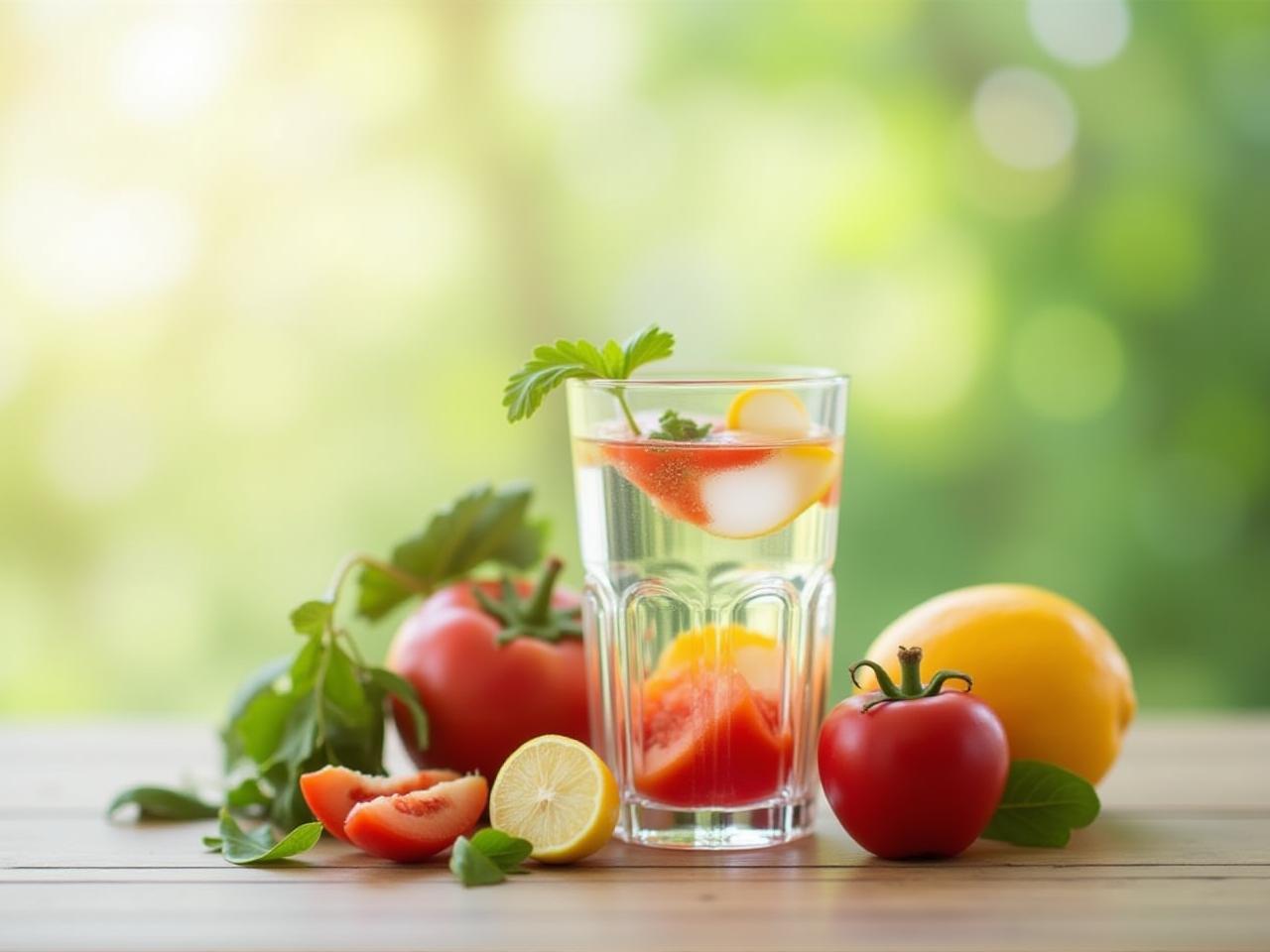 A glass of water with fruits and vegetables, symbolizing the importance of hydration and healthy eating for anti-aging.