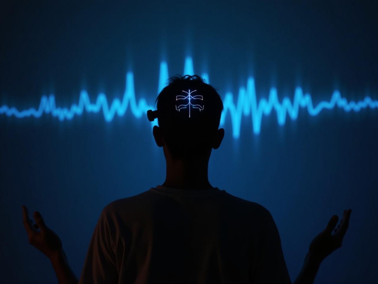 A person meditating with biofeedback sensors attached to their head, showing brainwave activity on a screen.