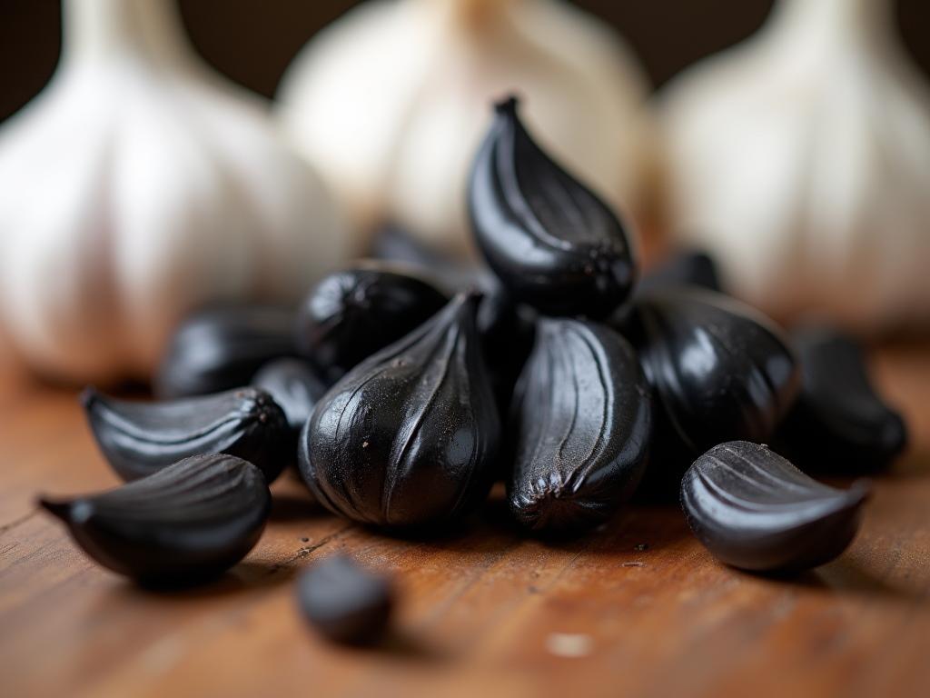 Close-up shot of black garlic cloves with a soft, jelly-like texture, contrasted with regular white garlic bulbs in the background.