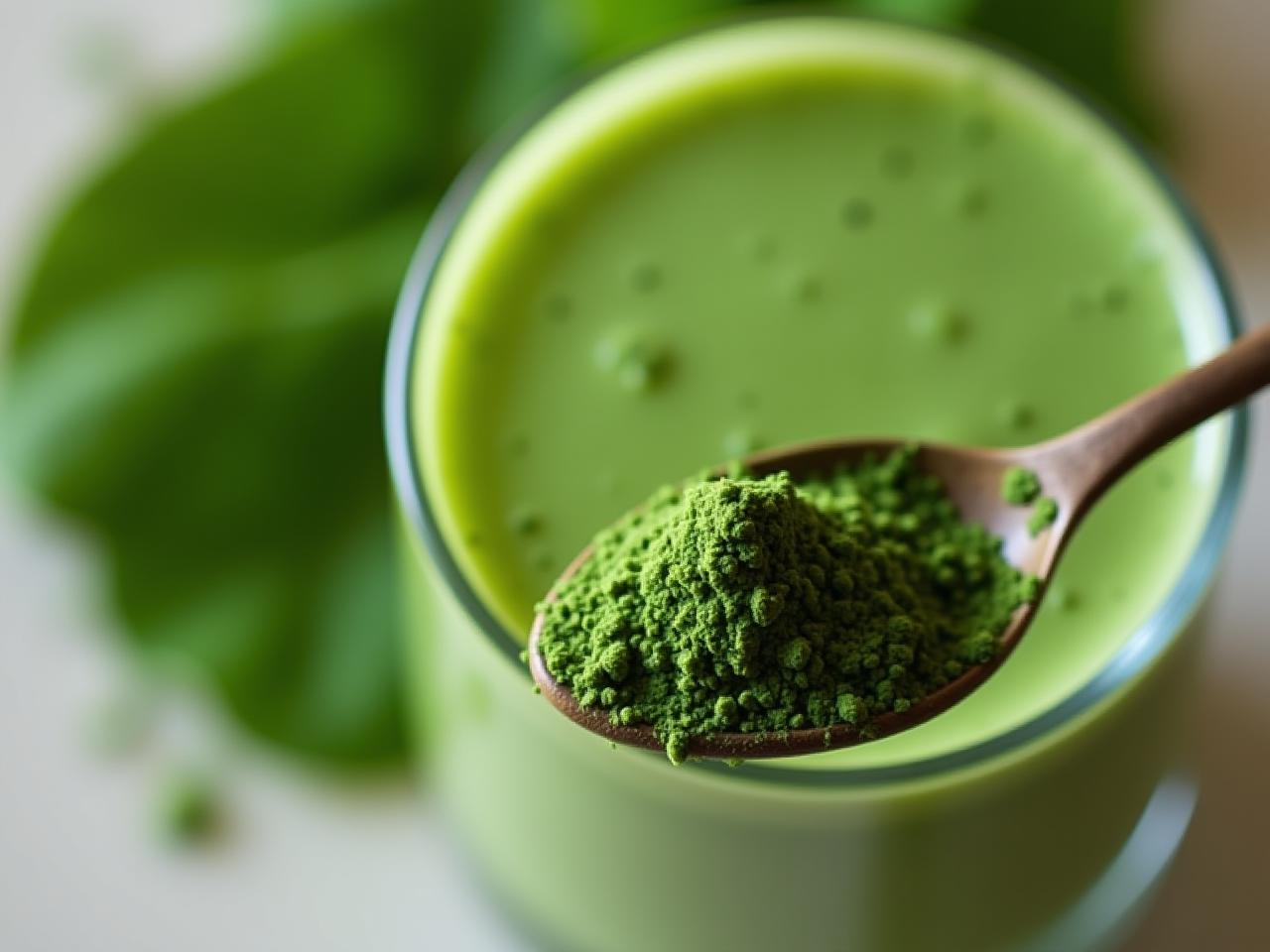 Close-up of spirulina powder in a spoon, with a glass of green smoothie in the background.