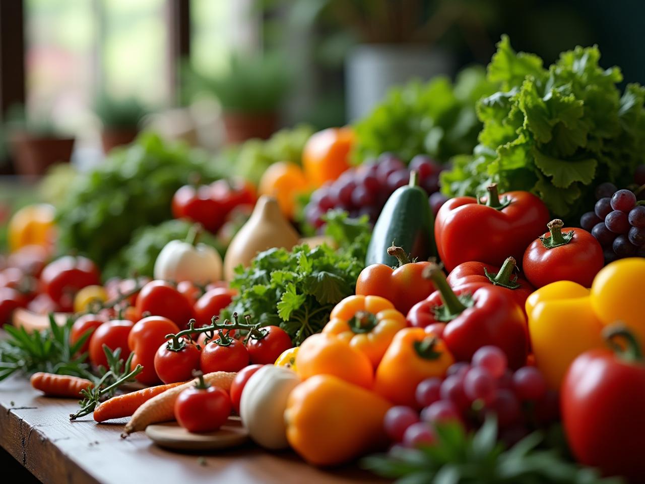 A table full of fresh, colorful, and unprocessed foods, representing a healthy diet.