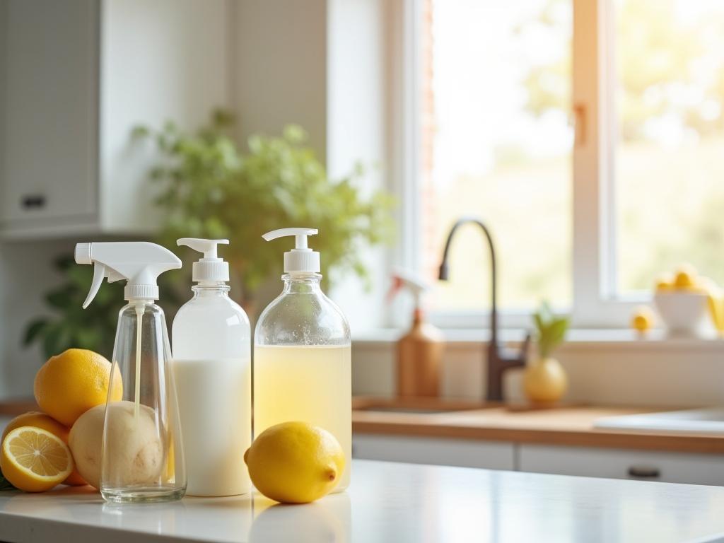 A sparkling clean kitchen with natural cleaning products like lemon, baking soda, and vinegar displayed on the counter.