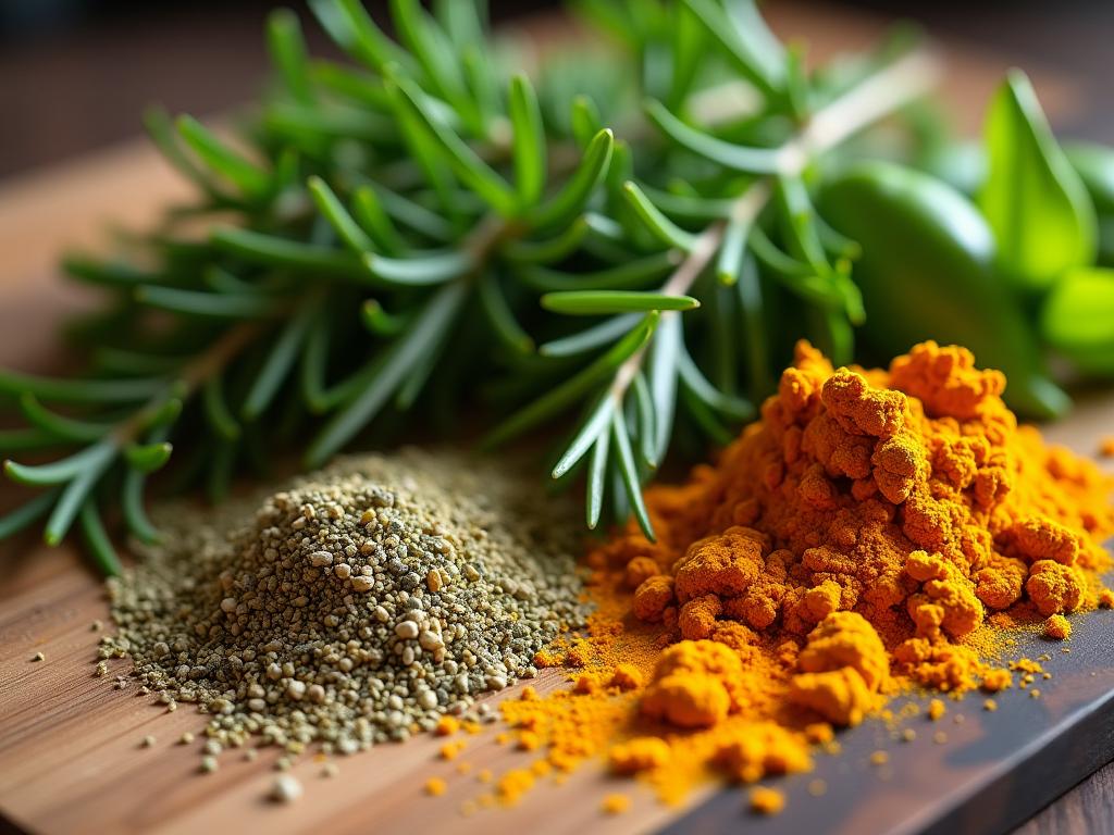 A close-up shot of fresh herbs like zaatar, rosemary, parsley, and turmeric, arranged on a wooden table with sunlight highlighting their textures and colors.