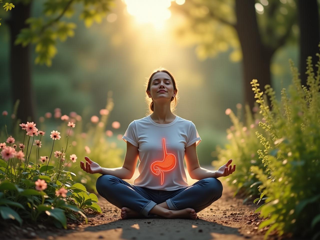 A person sitting in a peaceful garden, surrounded by plants and flowers, meditating with their eyes closed. The image represents the connection between the gut and the brain.