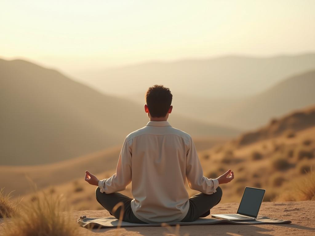 A person meditating in a serene Israeli landscape, with a smartphone and laptop blurred in the background.