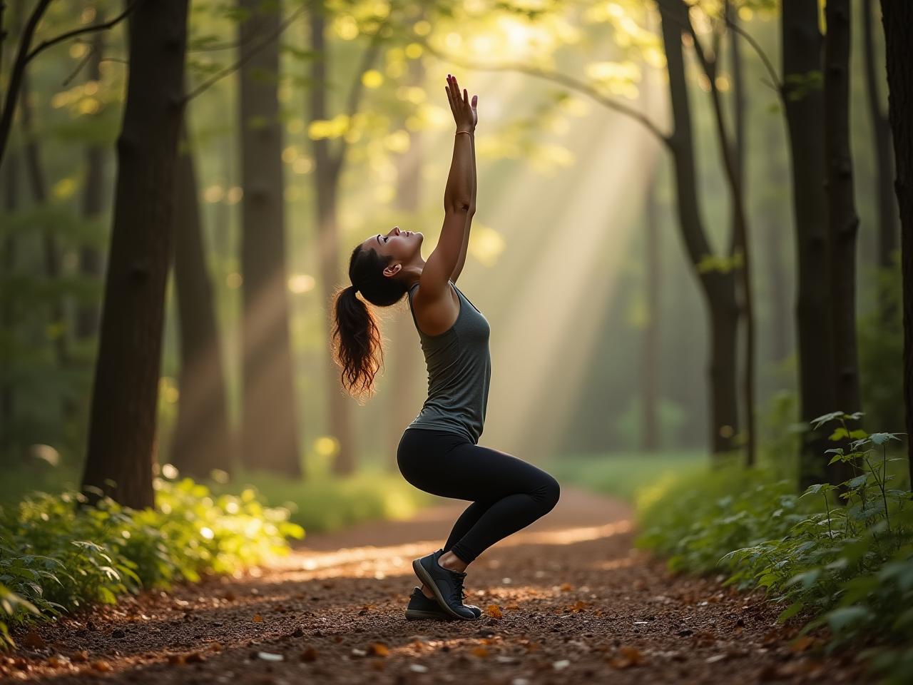 A person doing natural movement exercises in a forest.