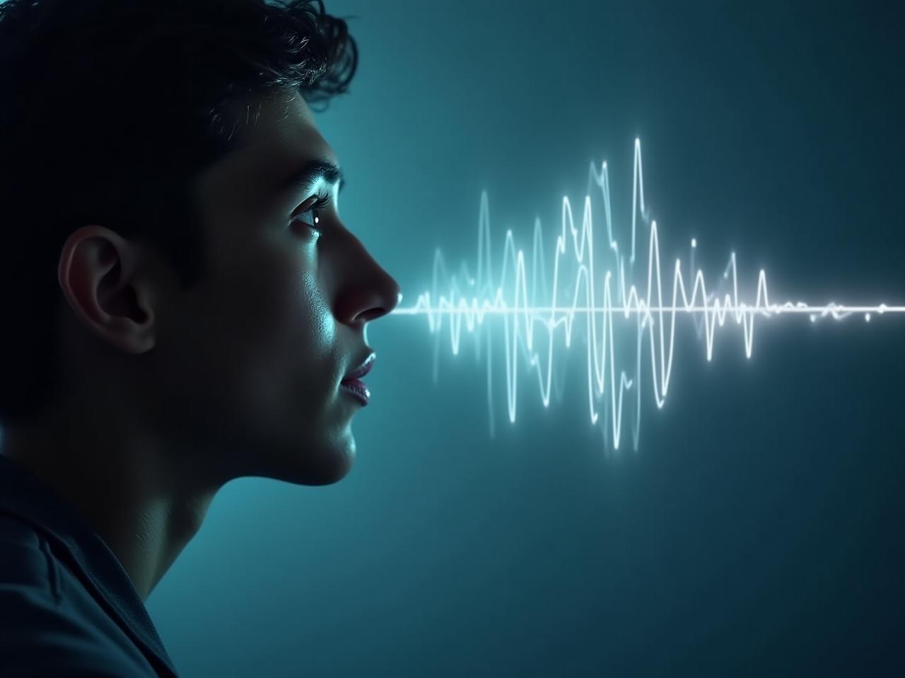 A person looking thoughtfully at a sound wave visualization, representing the analysis of speech patterns for mental health indicators.