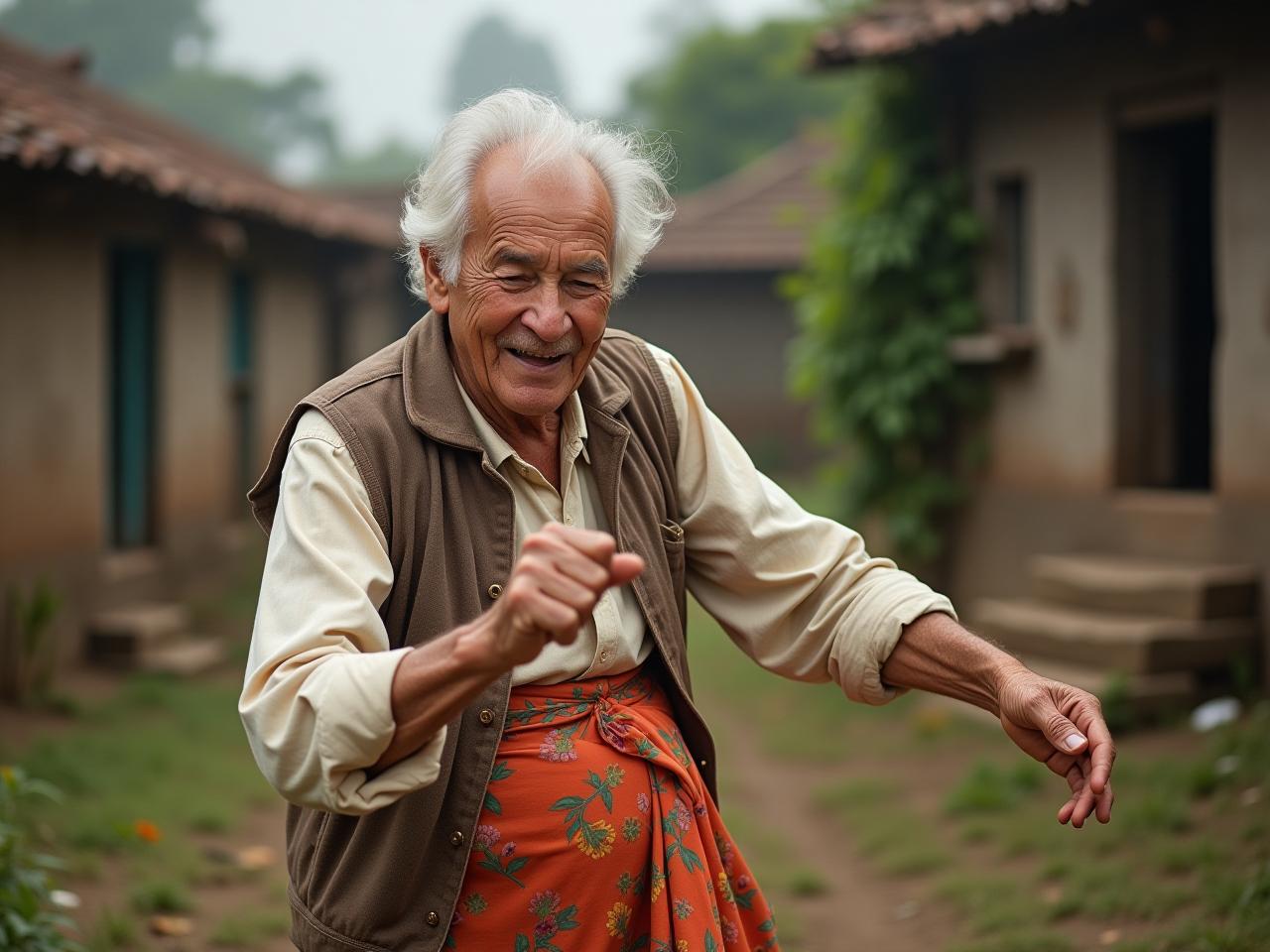 An elderly person in a traditional setting, actively engaged in physical activity such as gardening or dancing, with a vibrant and energetic expression.