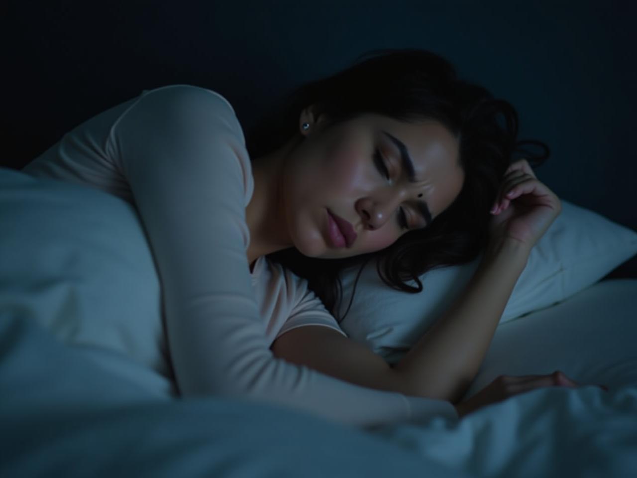 Woman lying awake in bed at night, feeling stressed and unable to sleep.
