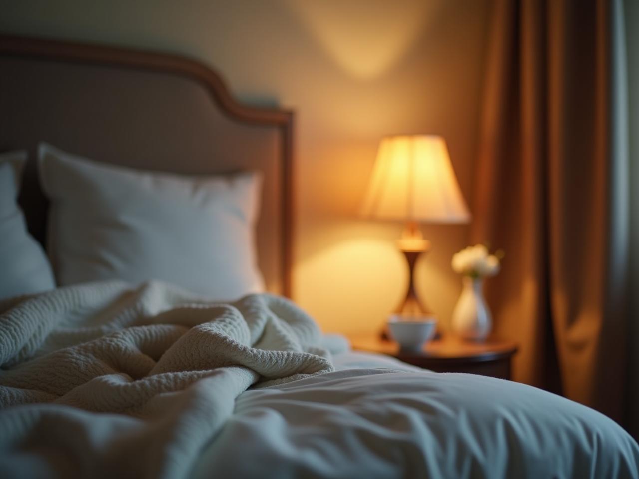 A cozy bedroom scene with soft lighting, a comfortable bed, and a cup of herbal tea on the nightstand.
