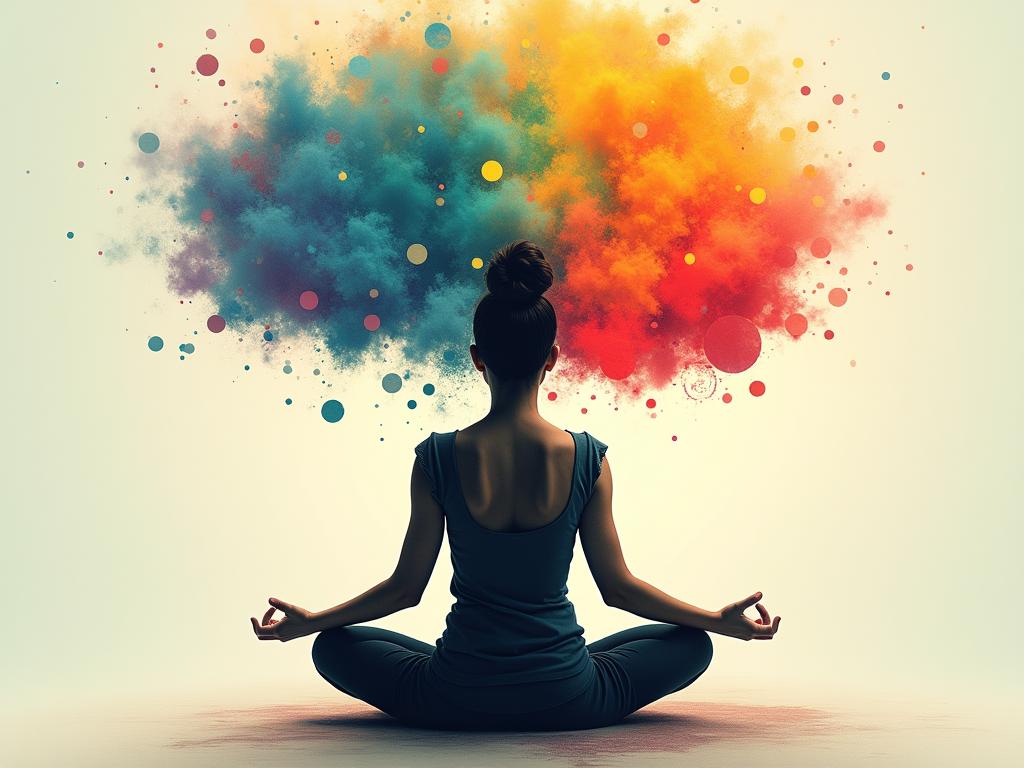 A person meditating peacefully with colorful emotions swirling around them, representing acceptance and understanding.