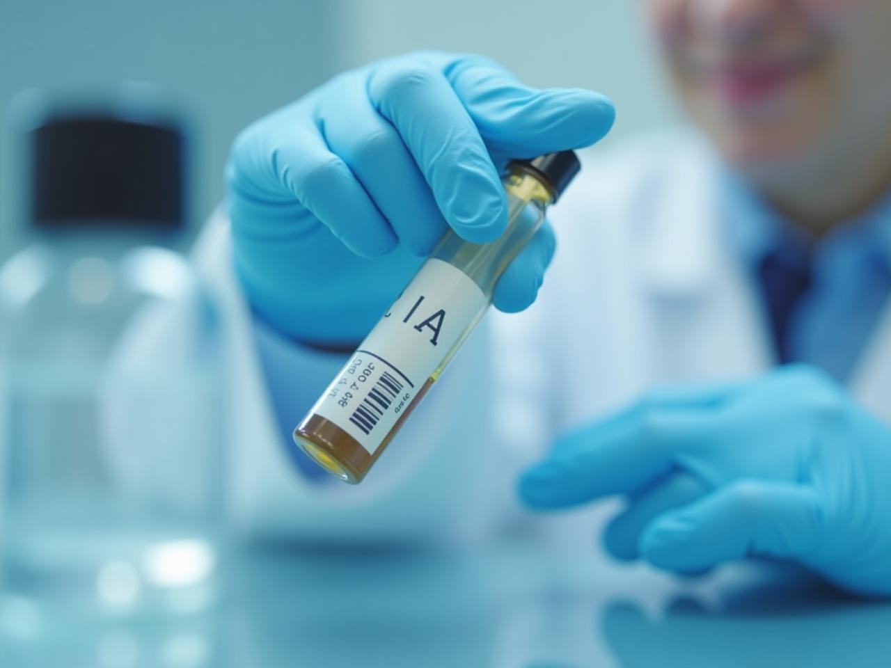 A close-up of a urine sample being analyzed in a lab setting.
