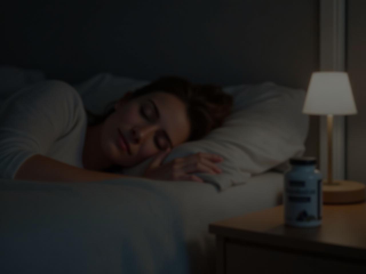A calming image of a person sleeping peacefully in a dimly lit room with a bottle of magnesium supplement on the nightstand.