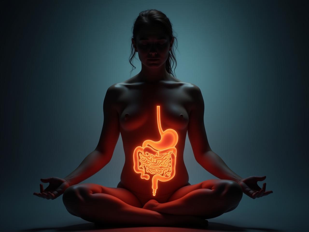 A person sitting in a meditative pose with a glowing stomach, representing the gut-brain connection.