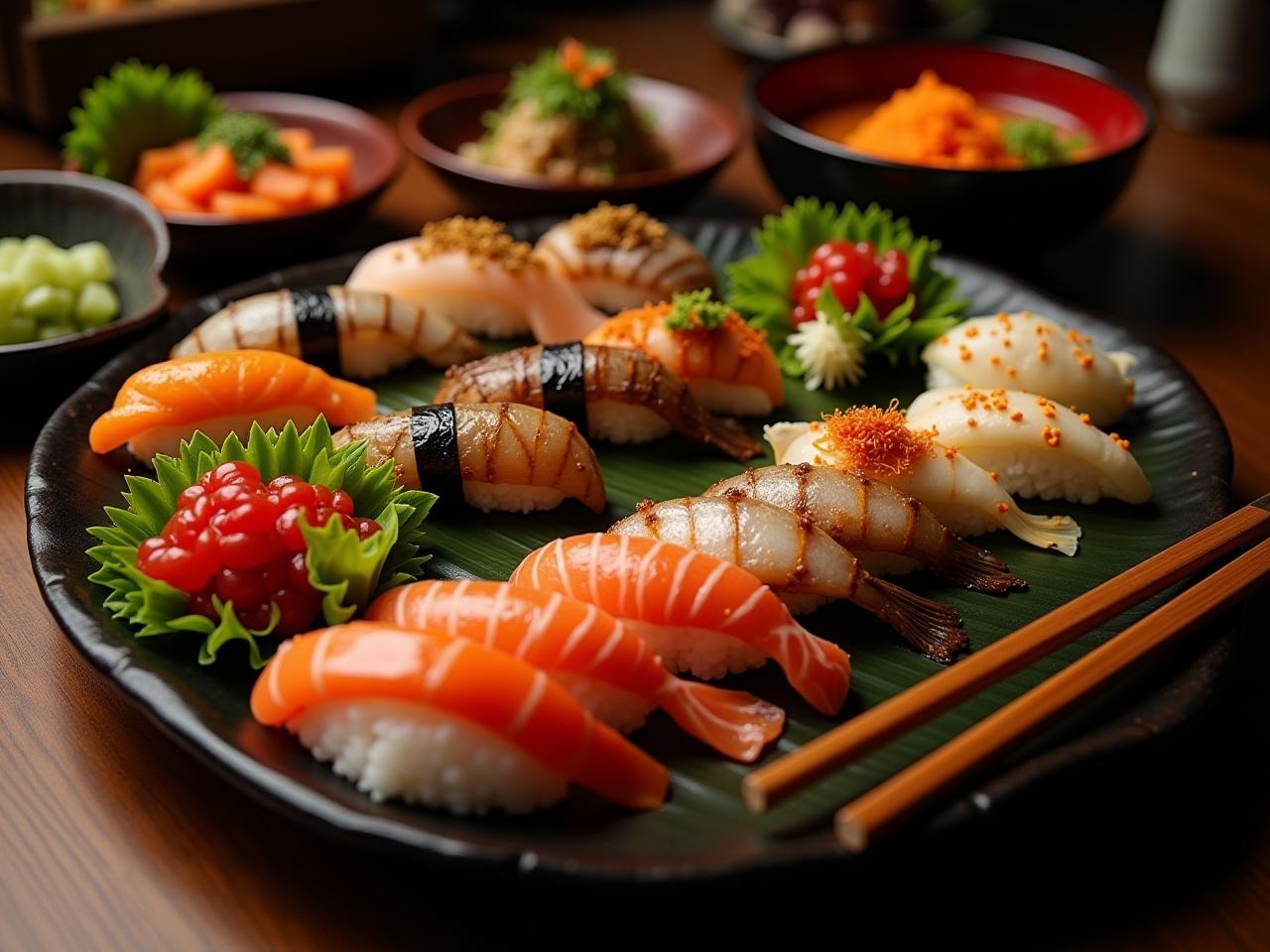 A colorful and diverse spread of traditional Japanese dishes, including sushi, miso soup, grilled fish, and various vegetables, displayed on a wooden table with chopsticks.
