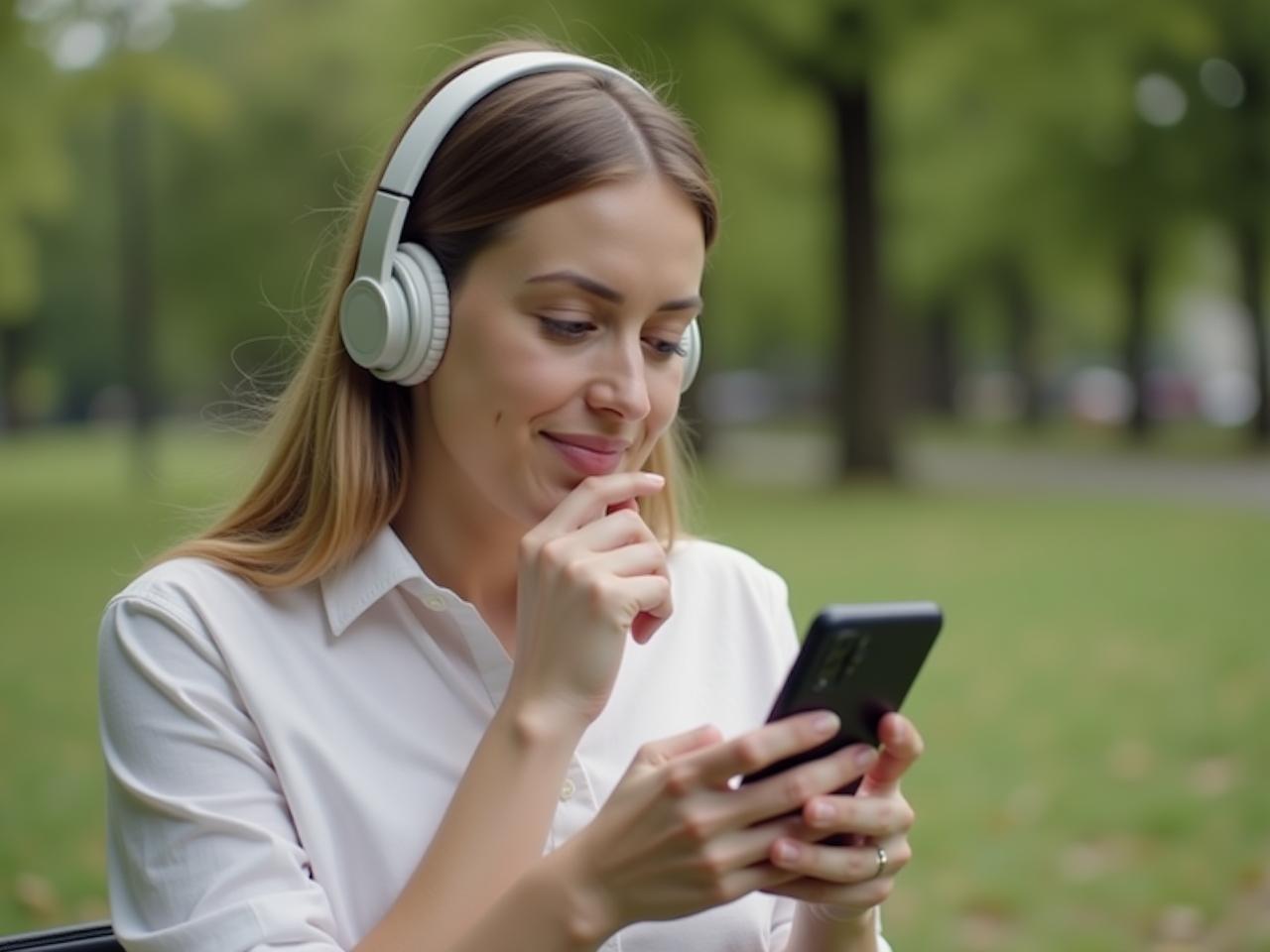 A woman wearing headphones and looking thoughtfully at her phone screen, with a background of a park.