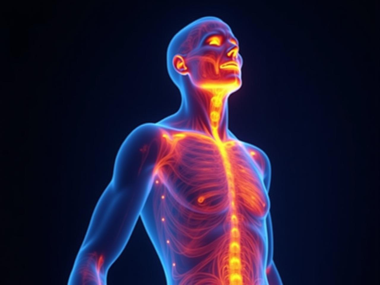 A person undergoing a thermal imaging scan. The image shows the heatmap of their body, highlighting areas of different temperatures.