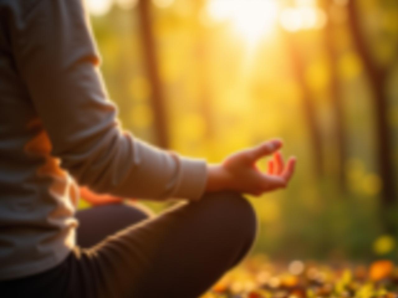 Close-up of a person meditating with sunlight filtering through trees, symbolizing inner peace and emotional healing.