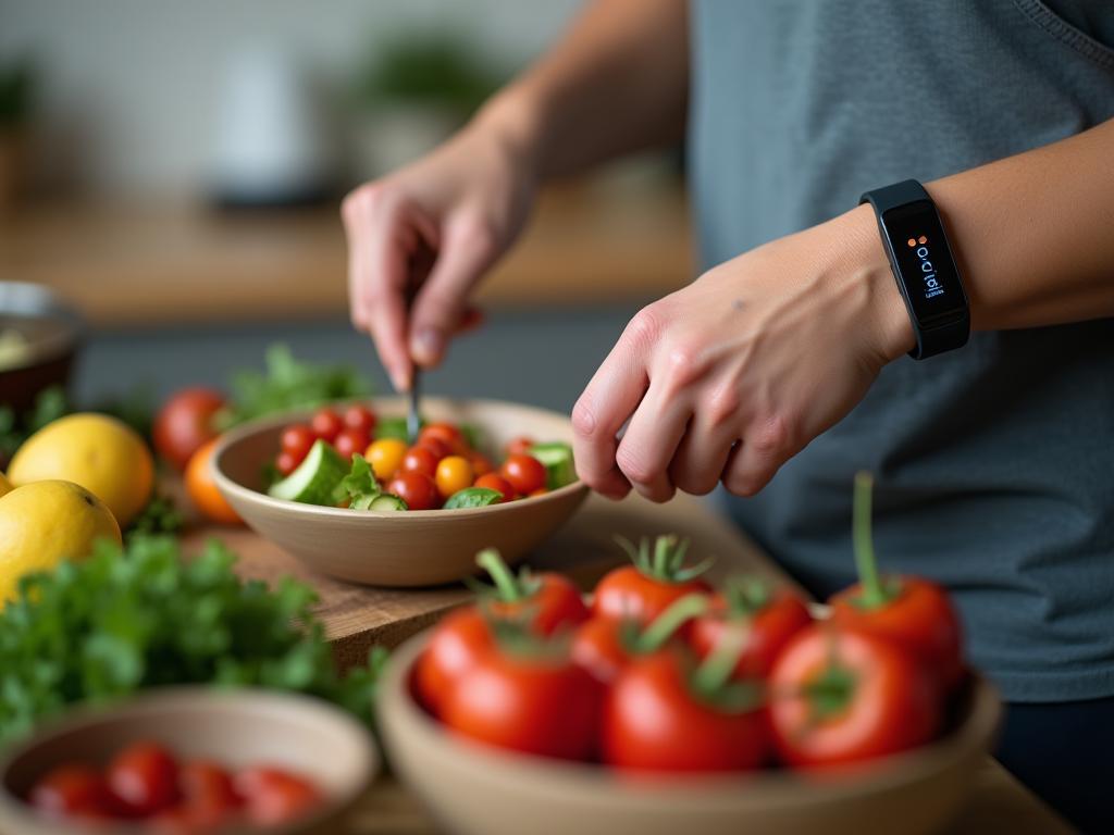 A close-up shot of a person wearing a fitness tracker while preparing a healthy meal, symbolizing the connection between technology and proactive health monitoring.