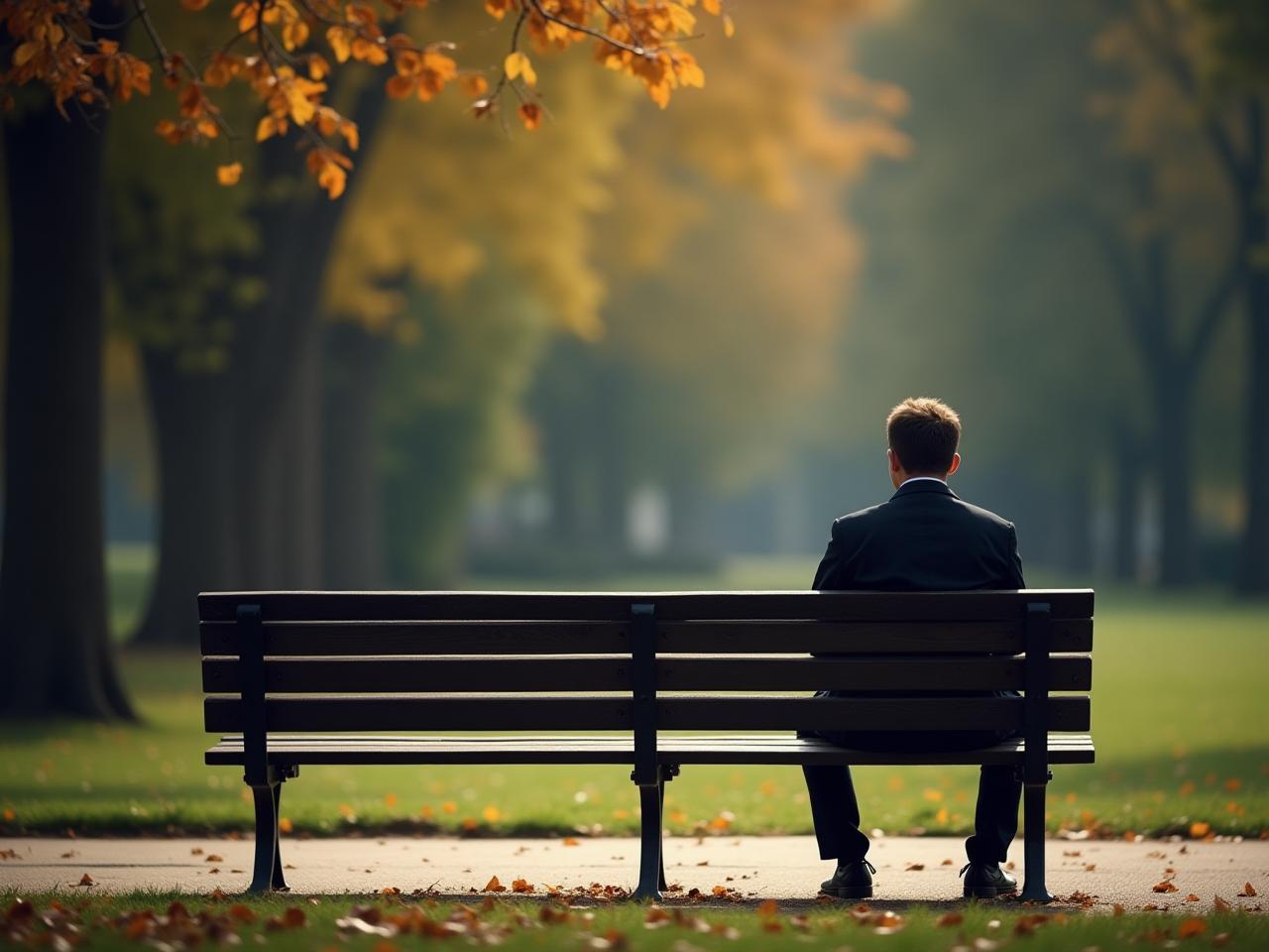 A person sitting alone on a park bench, looking thoughtful. The image evokes a sense of introspection and solitude.