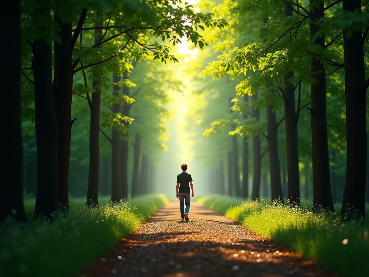 A person walking on a forest path surrounded by green trees, sunlight filtering through the leaves. The scene conveys tranquility and connection with nature.