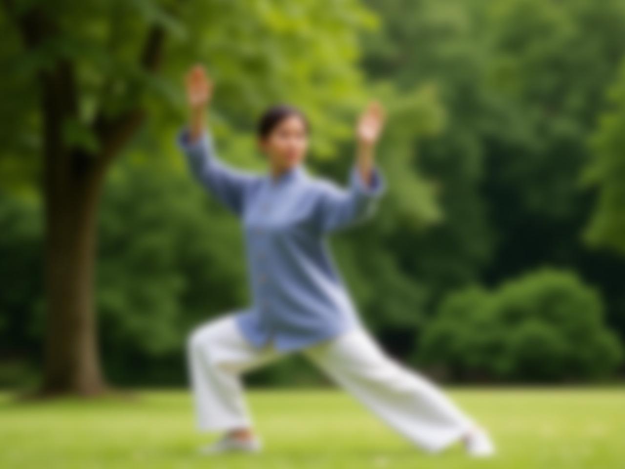 A person practicing Tai Chi in a park, surrounded by lush greenery.