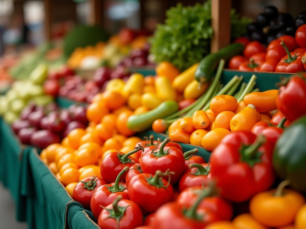 A close-up of a vibrant farmers market stall overflowing with colorful fruits and vegetables, symbolizing healthy eating and longevity.