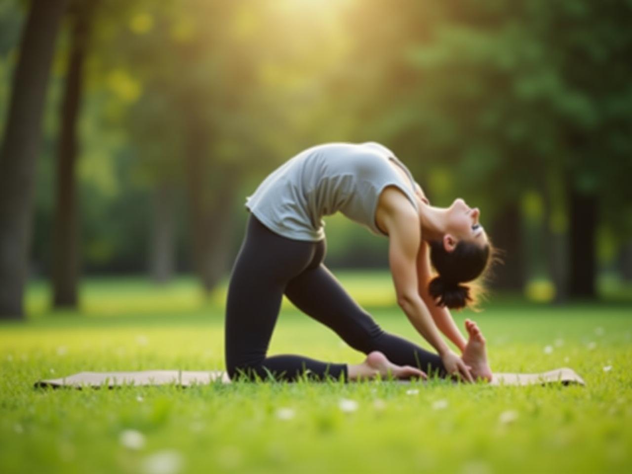 A person stretching naturally in a park, with a focus on mindful movement rather than forced positions.