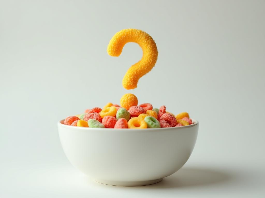A bowl of colorful cereal with a question mark hovering above it, symbolizing the uncertainty of its health benefits.
