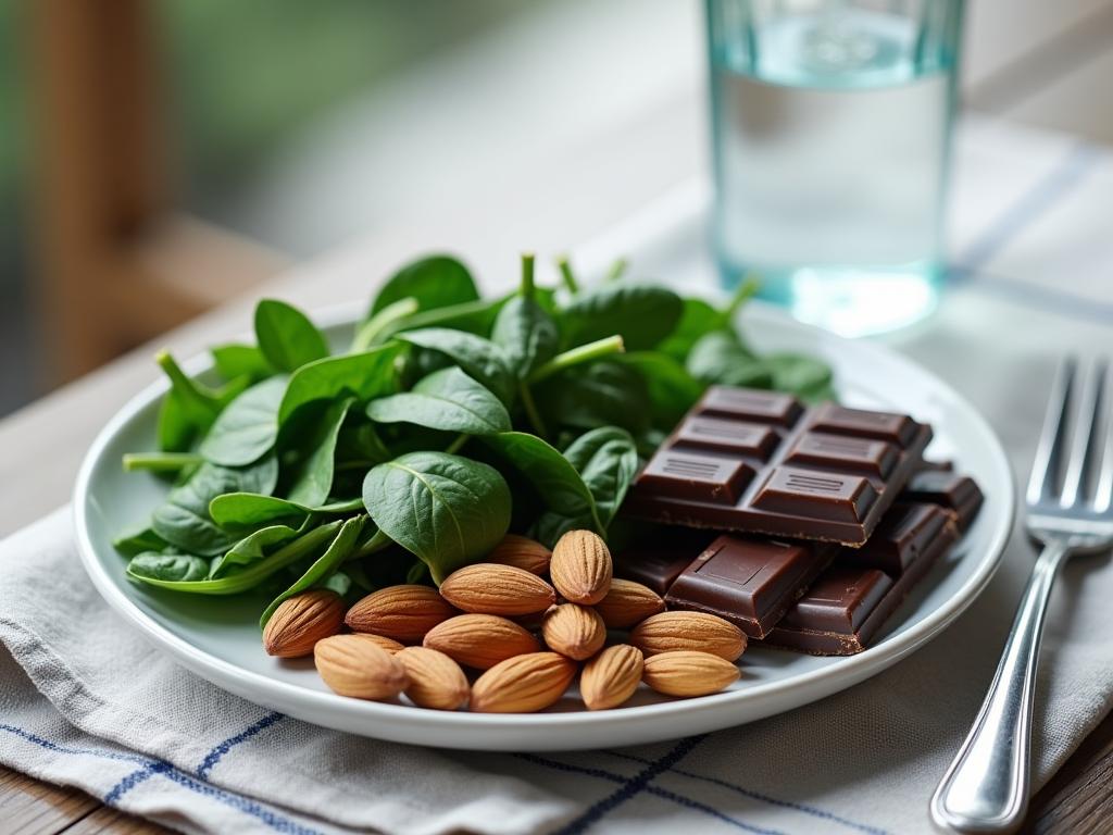 A colorful plate with magnesium-rich foods like spinach, almonds, and dark chocolate, alongside a glass of mineral water.
