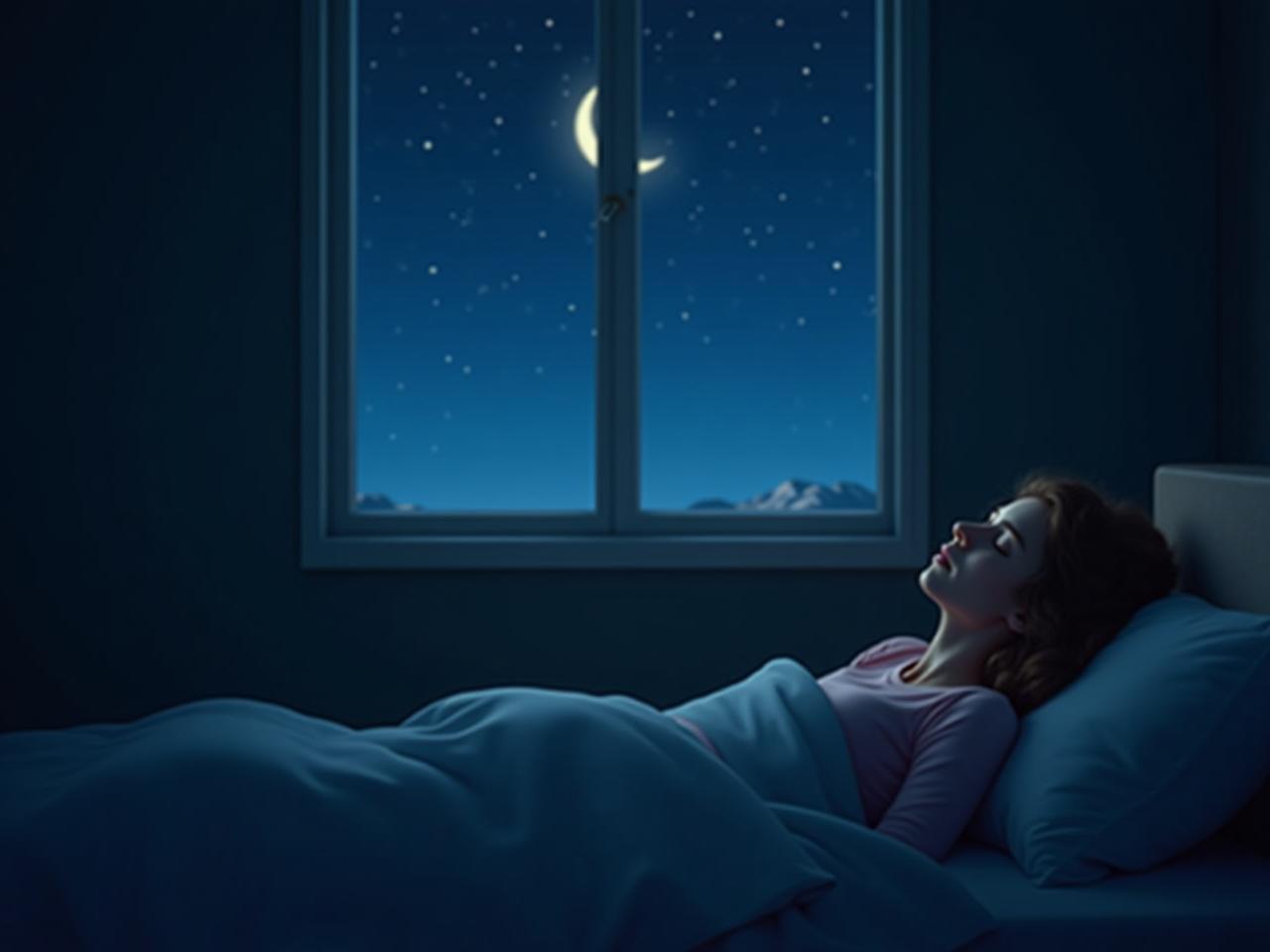 A calming image of a person sleeping peacefully in a dark room, possibly with a window showing a starry night.