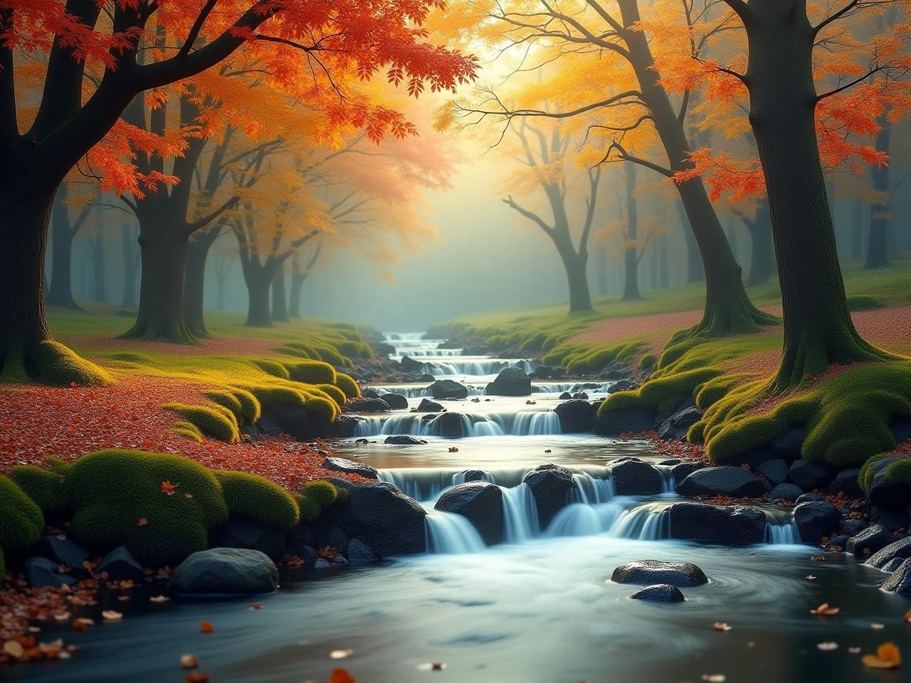A serene landscape with a flowing stream and colorful leaves, symbolizing the flow of thoughts and emotions, and the importance of observing them without being overwhelmed.