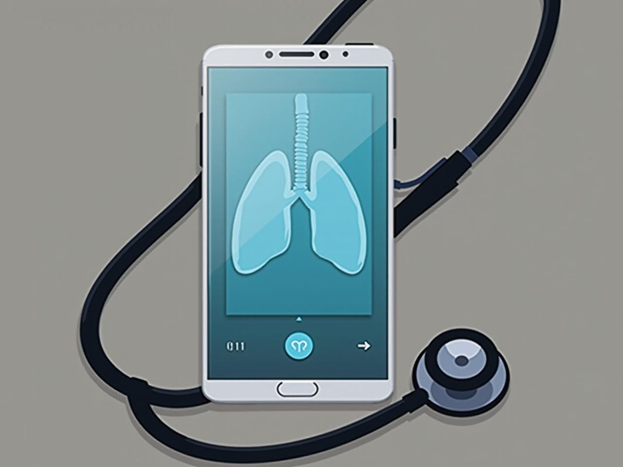 A smartphone displaying an app that analyzes breath sounds with a stethoscope nearby, suggesting health monitoring.