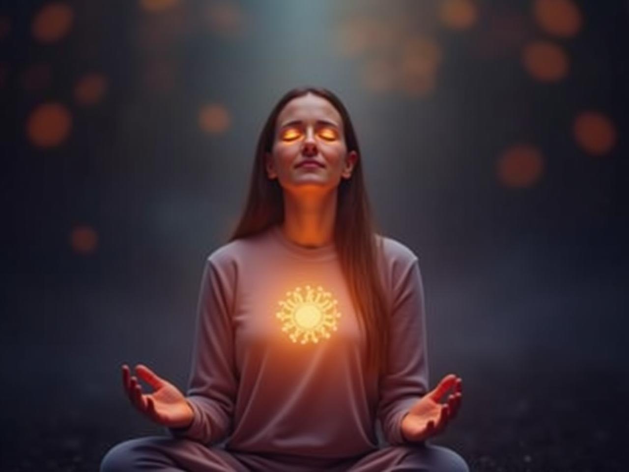 A person bathed in gentle, colorful light, eyes closed in peaceful meditation. The background is blurred, suggesting a calm and serene environment.