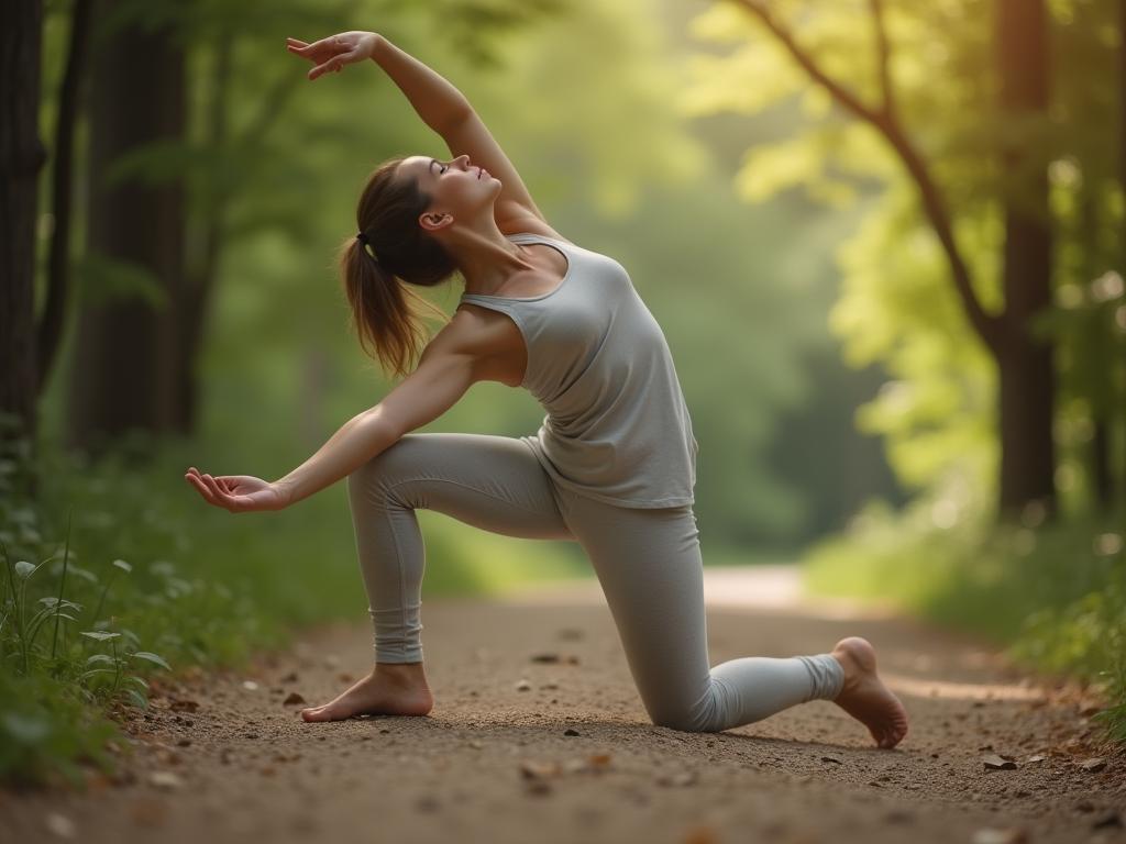 A person stretching dynamically in a natural environment.