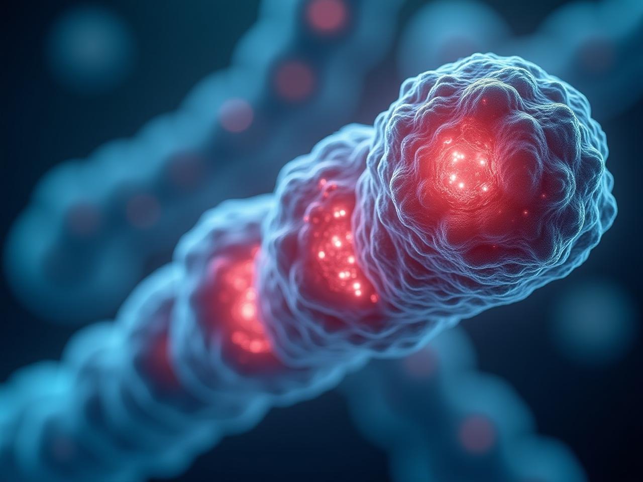 Microscopic image of telomeres at the end of chromosomes, highlighting the impact of chronic stress on cellular aging.
