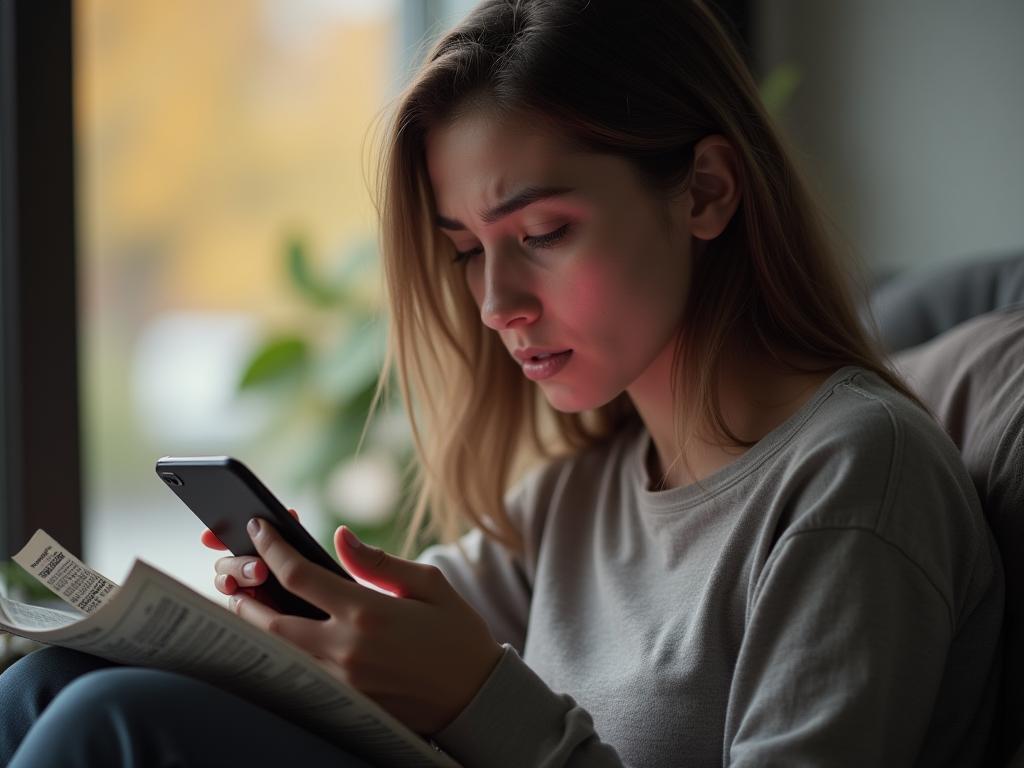 A person looking stressed while reading news on their phone.