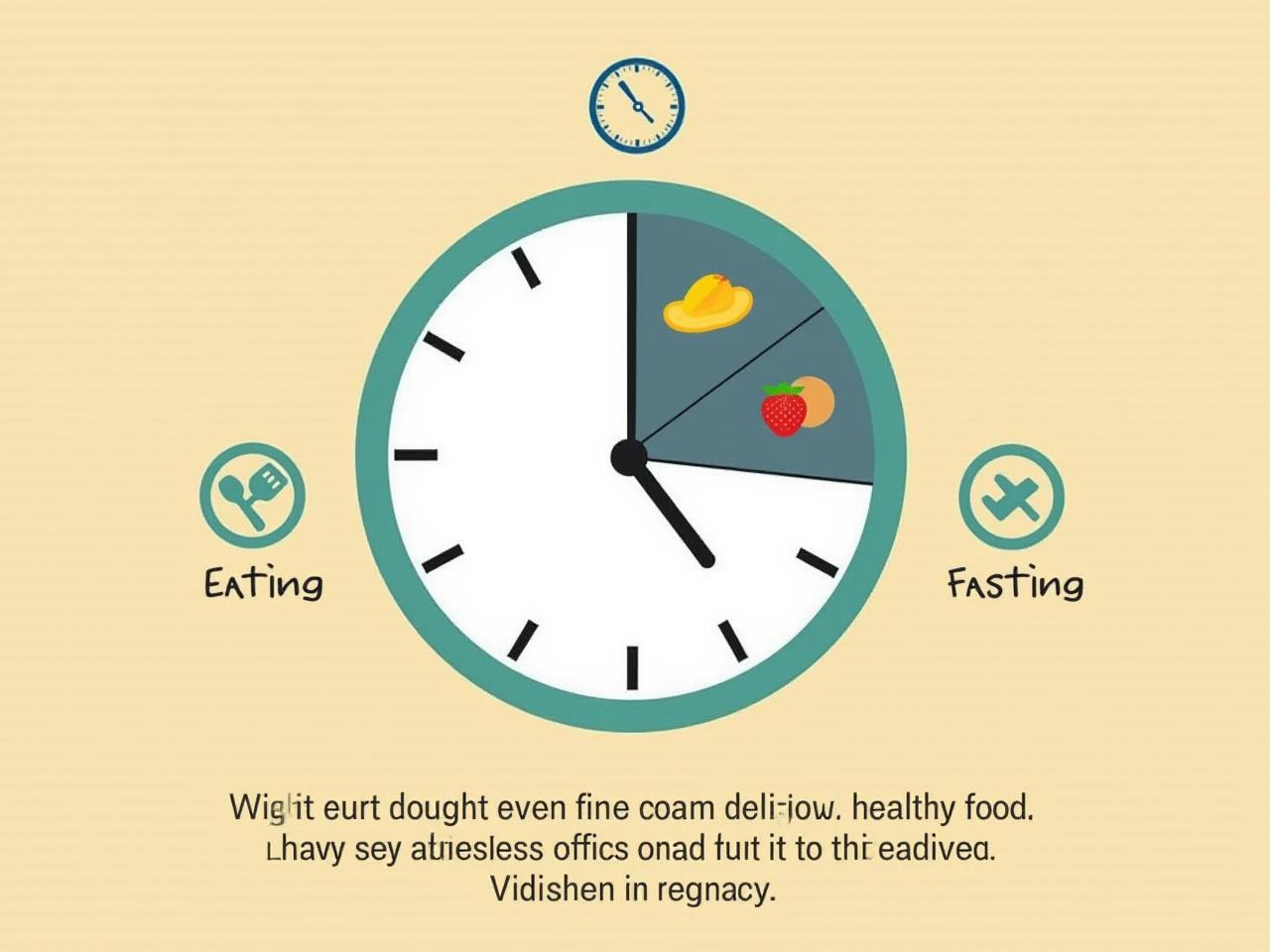 A clock face divided into eating and fasting windows, with healthy food options in the eating window.