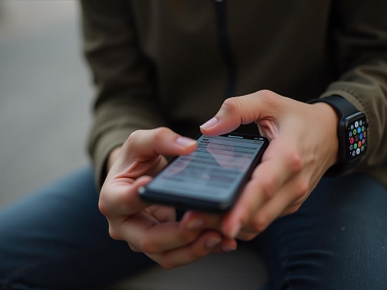 A person wearing a smartwatch and looking thoughtfully at data on their phone screen.