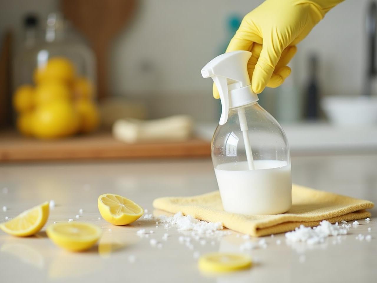 A messy kitchen being cleaned with lemon and baking soda, showcasing easy cleaning tips.