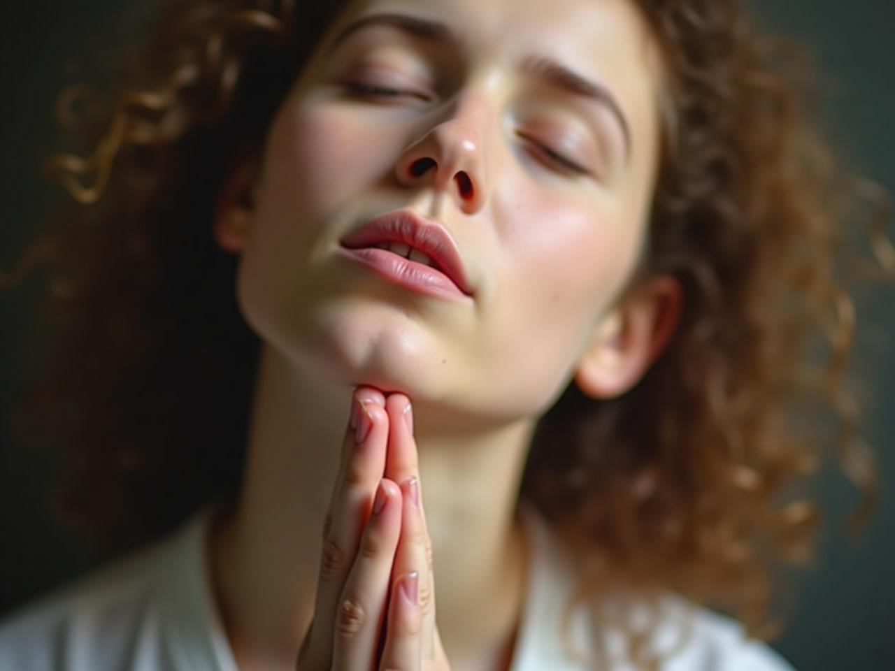 Close-up of a person taking a deep breath, with a serene expression.
