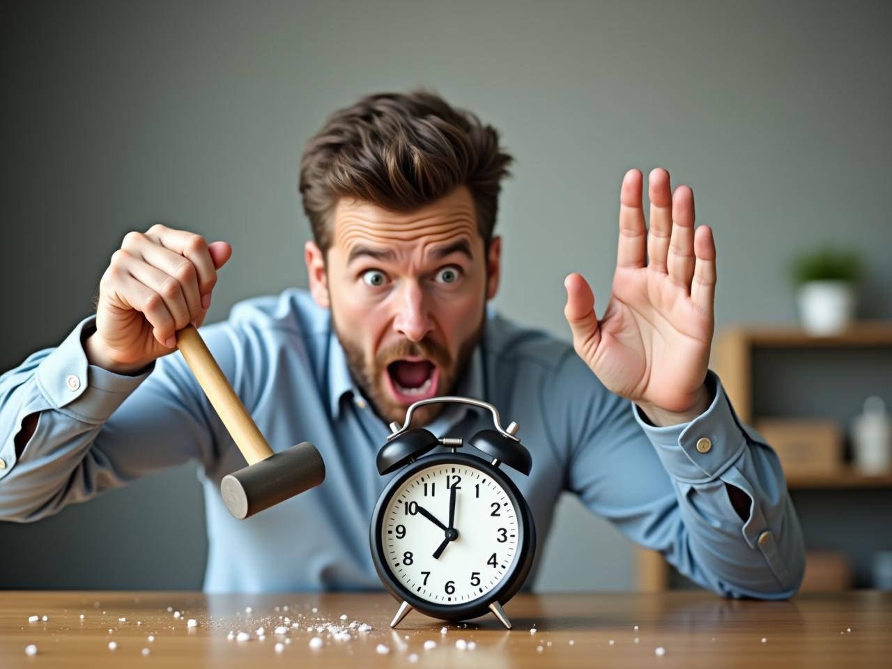 A person smashing their alarm clock with a hammer, with a stressed expression.