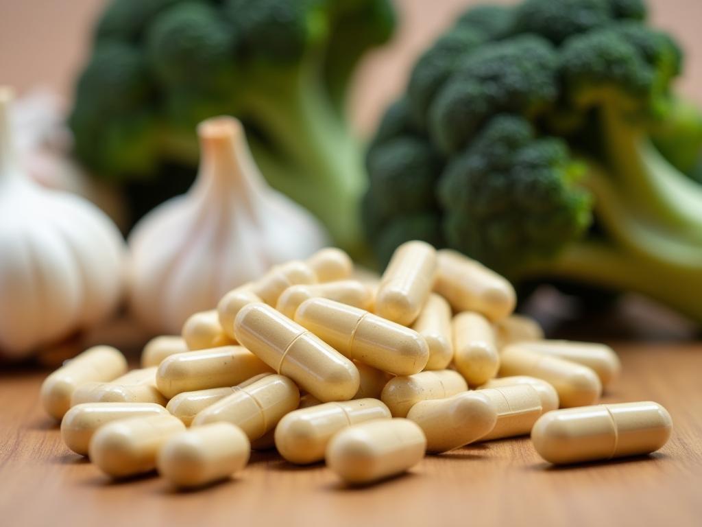 Close-up of N-Acetyl Cysteine (NAC) capsules with fresh garlic, onions, and broccoli in the background.