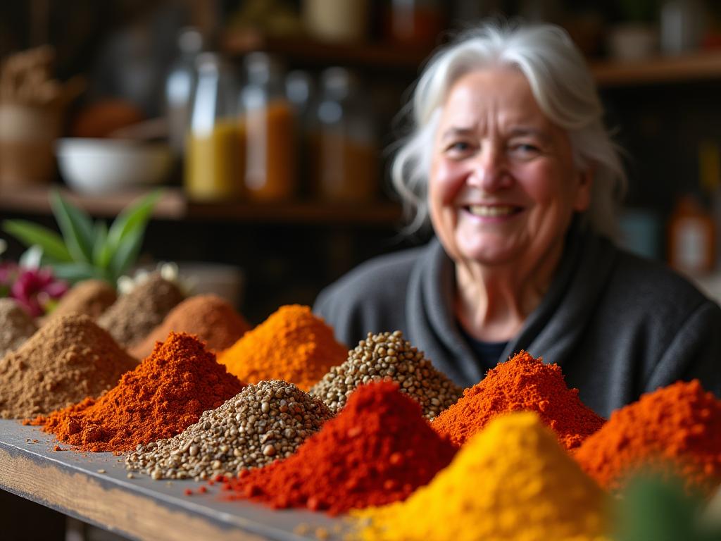 A vibrant photo showcasing a collection of Israeli spices, with a portrait of a smiling elderly woman (representing Savta Shara) in the background. The spices are arranged artfully, highlighting their colors and textures.