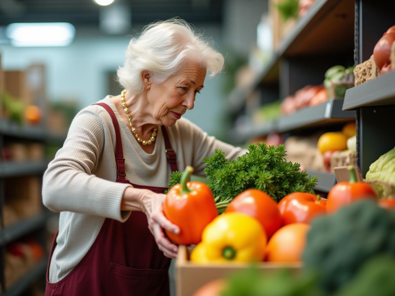 Elderly woman lifting groceries with ease, showcasing vibrant health and defying age.