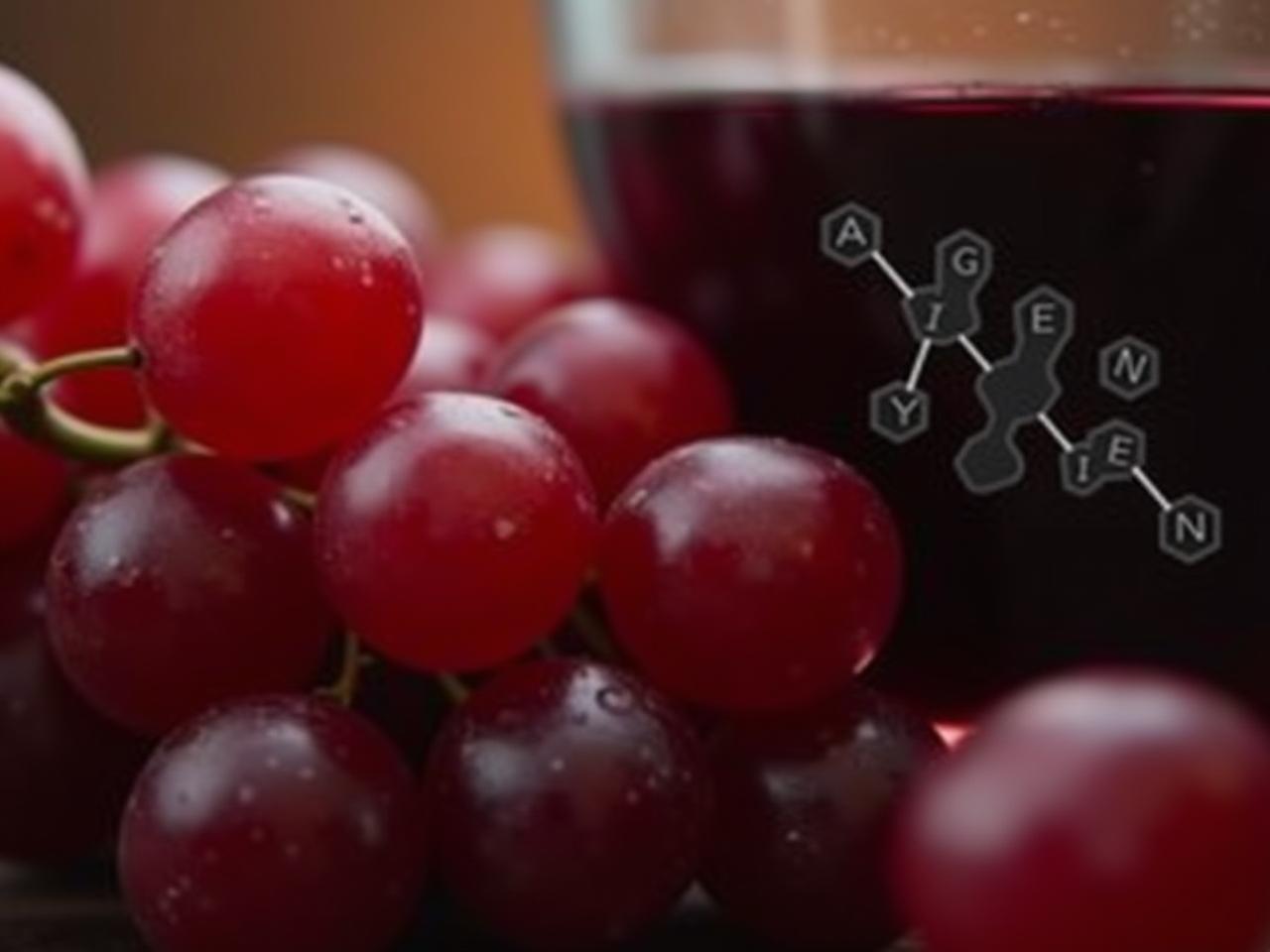 Close-up of red grapes and a glass of red wine, with a subtle scientific overlay depicting a molecule.