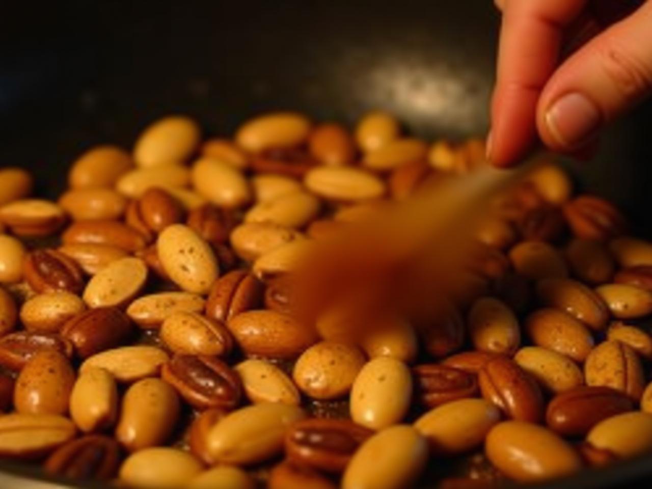 Close-up of various nuts being roasted in a pan, with golden brown hues and a slightly smoky texture. A hand is stirring them gently. Focus on the freshness and naturalness of the nuts.