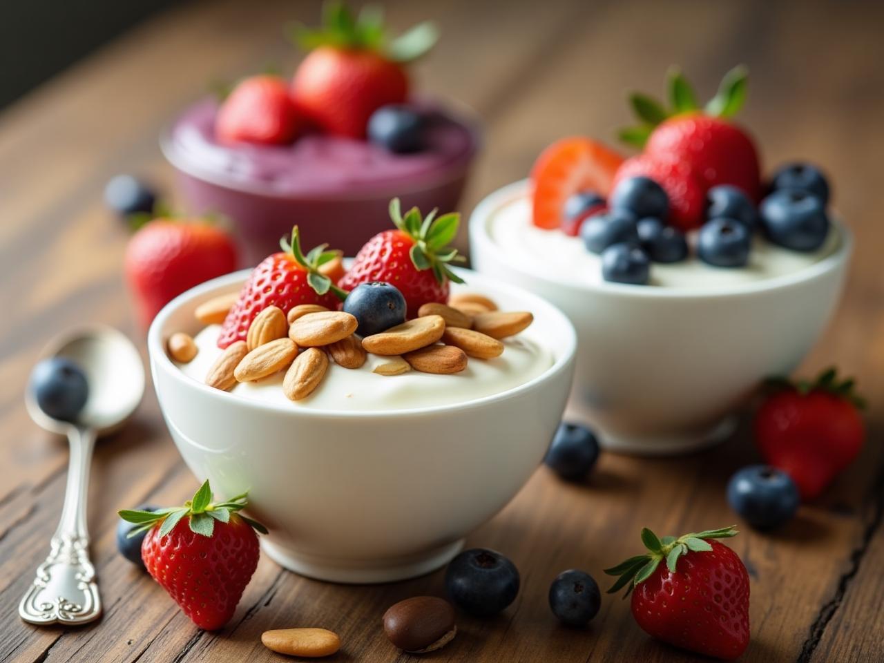 A photo of a variety of yogurts with fresh fruits and nuts on a wooden table.