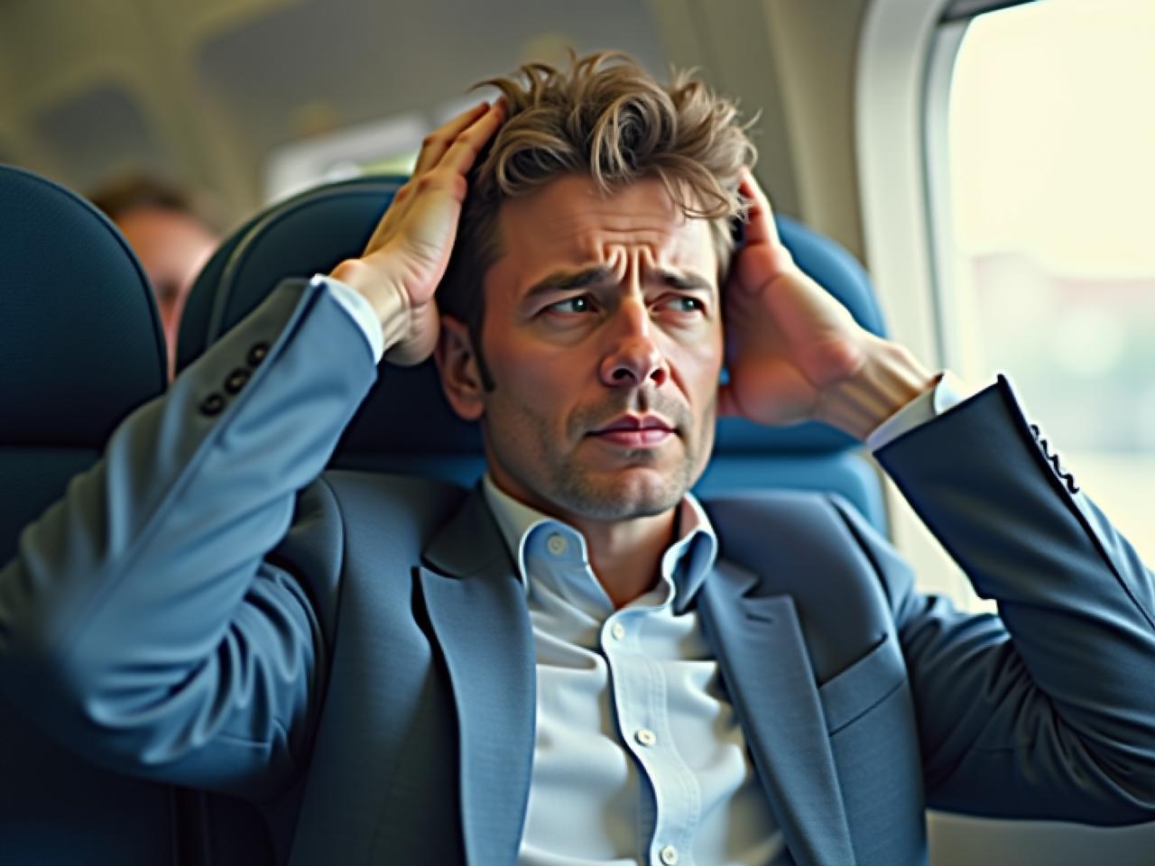 A person struggling with jet lag after a flight, feeling tired and disoriented.